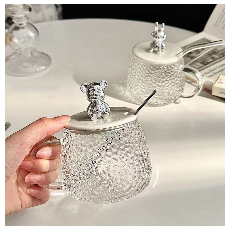 Cană din sticlă, textură lovitură de ciocan, cu capac și linguriță, 350 ml